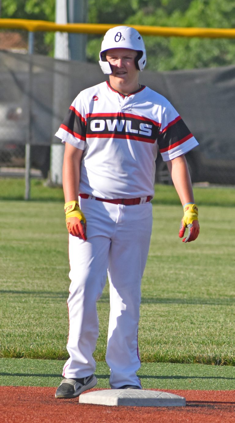 Kelar Pointer stole second base. Pointer didn’t have a hit, but he scored one run in an 11-5 win over Tipton on July 1 at the MHS Sports Complex. (Hobby King/Democrat-News)