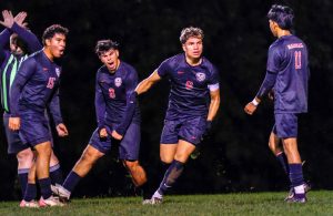 It was celebration time for the Owls after senior Oduver Alvarez (6) scored the first goal of the game versus Kirksville in the first half Monday. Also celebrating are senior Brandon Gutierrez (15), senior Anthony Zecena (8) and senior Santiago Rodriguez (11). (Photo courtesy Bo Horsten)